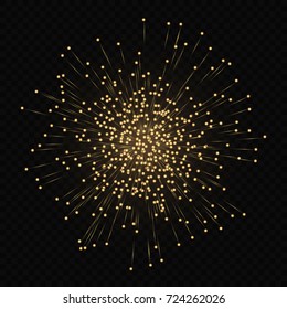 Abstract optical fiber glitter light effect on black background. Gold futuristic firework lines with particle star dust