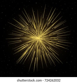 Abstract optical fiber glitter light effect on black background. Gold futuristic firework lines with particle star dust