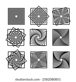 Abstract Optical Geometric Square Patterns Collection Vector Illustration. Each design features intricate arrangements of squares creating mesmerizing optical illusions.