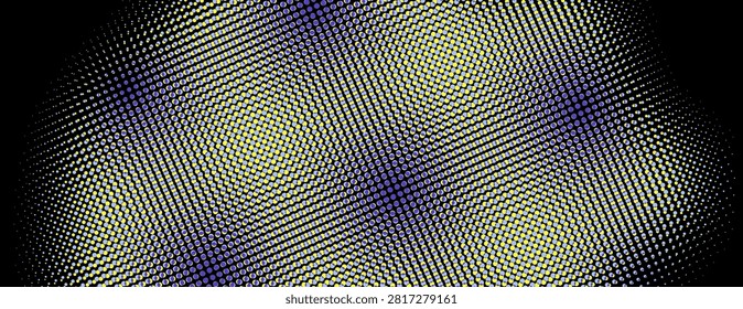 Abstract optical halftone pattern with flowing dotted waves in vibrant blue and yellow. Dynamic geometric design creating a kinetic illusion