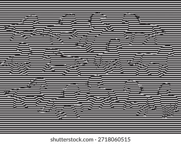 Abstract optical illusion artwork featuring multiple running horses formed by horizontal black and white lines, kinetic motion effect, striped line art, high contrast monochrome design, op art style, dynamic movement, surreal animal silhouettes, minimal background, modern conceptual illustration, visual rhythm, illusionary motion pattern, creative graphic design, clean composition, artistic abstract texture.