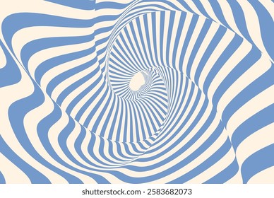 Abstract optical illusion background with blue and beige wavy lines creating a dynamic vortex effect. Psychedelic pattern with distorted curved stripes for retro futuristic design.