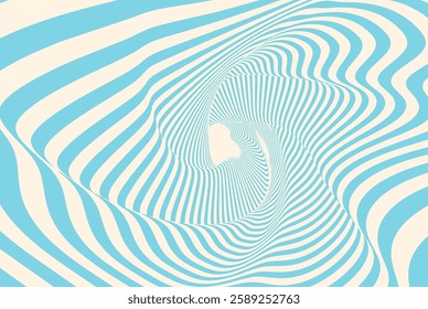 Abstract optical illusion background with blue and beige wavy lines creating a dynamic vortex effect. Psychedelic pattern with distorted curved stripes for retro futuristic design.