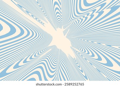 Abstract optical illusion background with blue and beige wavy lines creating a dynamic vortex effect. Psychedelic pattern with distorted curved stripes for retro futuristic design.