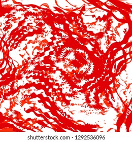 Abstract optical illusion background. Distorted red curly line surface.