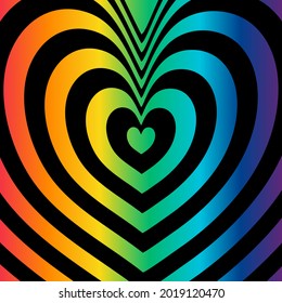 Abstract optical illusion background with a heart. Black and rainbow. Vector.	