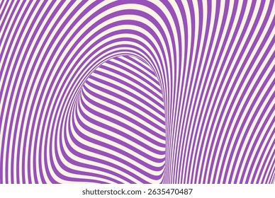 Abstract optical illusion background with purple and beige wavy lines creating a warped tunnel effect. Psychedelic pattern with curved stripes and distorted perspective for modern graphic design.