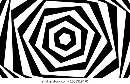 Abstract optical illusion background vector design. Psychedelic striped black and white backdrop. Hypnotic pattern.