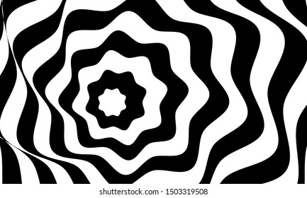 Abstract optical illusion background vector design. Psychedelic striped black and white backdrop. Hypnotic pattern.