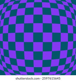 Abstract optical illusion with a curved checkered pattern in purple and dark green. The warped effect creates a sense of depth and distortion. Vector illustration