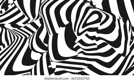 Abstract Optical Illusion With Distorted Black And White Stripes, Bold Psychedelic Art Perfect For Fashion, Music, Or Poster Design. Vector Illustration.