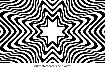 Abstrakte optische Täuschung mit schwarz-weißen wellenförmigen Linien, die einen faszinierenden visuellen Effekt erzeugen.
