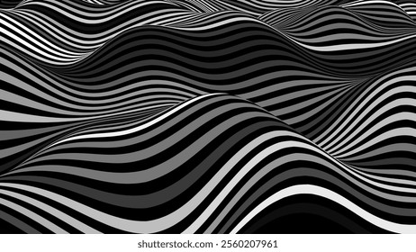 Abstract Optical Illusion Flowing Waves Stripes Pattern. A Stream Of Black And White Lines Forming A Wavy Distortion Effect. Contrast Minimalistic Style Lines Texture Vector Illustration.