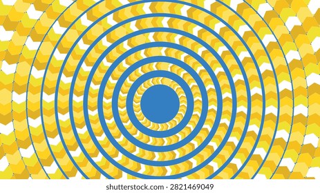 Abstract optical illusion graphic featuring concentric blue circles surrounded by repeating yellow chevron arrows creating dynamic motion effect background.
