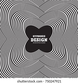 Abstract optical illusion. Hypnosis curved spiral design concept for hypnosis, infinity, unconscious, psychic, chaos, extrasensory. Vector black - white striped background. Hypnotic wavy pattern.