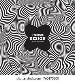 Abstract optical illusion. Hypnotic curved spiral design concept for banner, poster. Vector black - white striped background. Infinity and chaos wavy pattern. 
