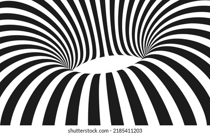 Abstract optical illusion. Hypnotic spiral tunnel with black and white lines. Vector illustration.