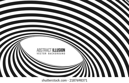 Ilusión óptica abstracta. Túnel espiral hipnótico con líneas blancas y negras. Ilustración vectorial.