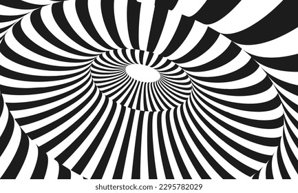 Abstract optical illusion. Hypnotic spiral tunnel with black and white lines. Vector illustration.