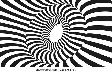 Abstract optical illusion. Hypnotic spiral tunnel with black and white lines. Vector illustration.