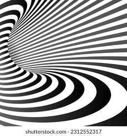 Abstract optical illusion. Hypnotic spiral tunnel with black and white lines. Vector illustration.