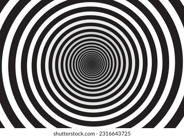 Abstract optical illusion. Hypnotic spiral tunnel with black and white lines. Vector illustration.