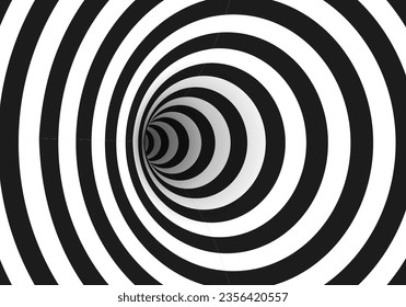 Abstract optical illusion. Hypnotic spiral tunnel with black and white lines. Vector illustration.