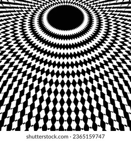 Abstract optical illusion. Hypnotic spiral tunnel with black and white lines. Vector illustration
