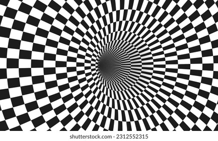 Abstract optical illusion. Hypnotic tunnel with black and white squares. Vector illustration.