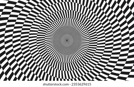 Abstract optical illusion. Hypnotic tunnel with black and white squares. Vector illustration.