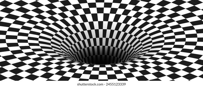 Abstract optical illusion. Hypnotic tunnel with black and white squares. Vector illustration.