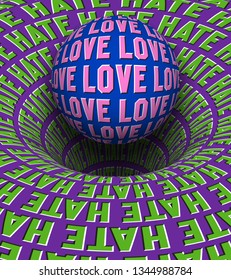 Abstract optical illusion love and hate concept. Moving sphere over a rotating hole.