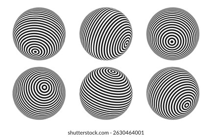Esfera de ilusão óptica abstrata. Bola espiral hipnótica com linhas pretas e brancas. Ilustração vetorial.