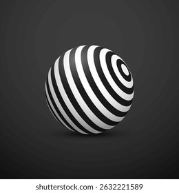 Esfera de ilusão óptica abstrata. Bola espiral hipnótica com linhas pretas e brancas. Ilustração vetorial.