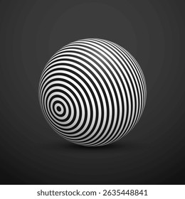 Esfera de ilusão óptica abstrata. Bola espiral hipnótica com linhas pretas e brancas. Ilustração vetorial.