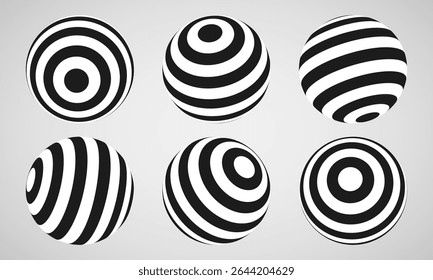 Esfera de ilusão óptica abstrata. Bola espiral hipnótica com linhas pretas e brancas. Ilustração vetorial.