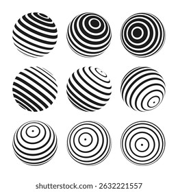 Esferas de ilusão óptica abstratas. Bolas espirais hipnóticas com linhas pretas e brancas. Ilustração vetorial.