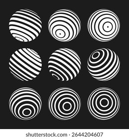 Esferas de ilusão óptica abstratas. Bolas espirais hipnóticas com linhas pretas e brancas. Ilustração vetorial.