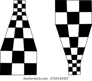 Ilusão óptica abstrata com padrão de tabuleiro de xadrez preto e branco esticado, criando profundidade dramática, perspectiva e efeito de arte visual geométrica.