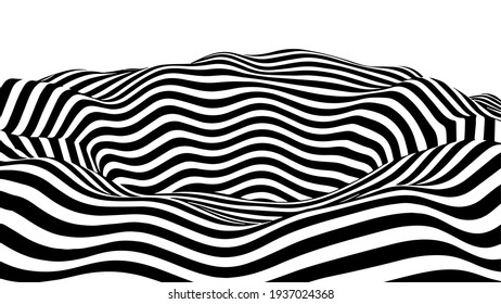 Abstract optical illusion tunnel. Wormhole with surface warp. Vector geometric stripes tunnel.
