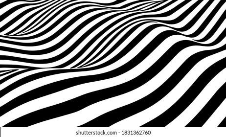 Abstract optical illusion wave. Black and white lines with distortion effect. Vector geometric stripes pattern.