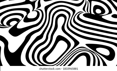 Abstrakte optische Täuschungswelle. Schwarz-Weiß-Linien mit Verzerrungseffekt. Geometrisches Muster für Vektorstreifen.
