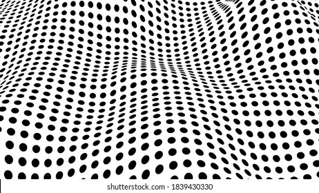Ola de ilusión óptica abstracta. Líneas blancas y negras con efecto de distorsión. Patrón geométrico vectorial con círculos.