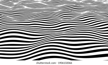 Abstract Optical Illusion Wave. Black And White Lines With Distortion Effect. Vector Geometric Stripes Pattern.