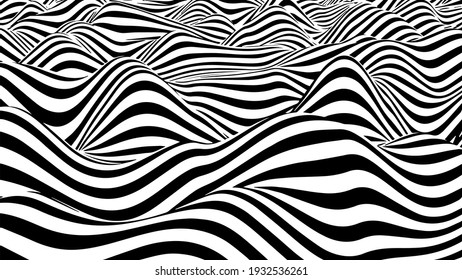 Abstract optical illusion wave. Black and white lines with distortion effect. Vector geometric stripes pattern.