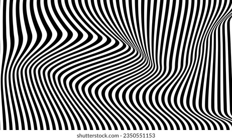 Ola de ilusión óptica abstracta. Líneas blancas y negras con efecto de distorsión. Patrón de rayas geométricas.
