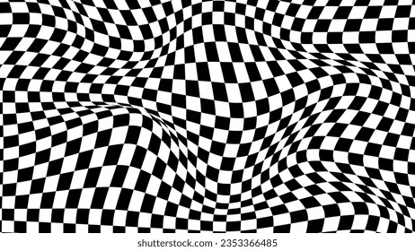 Abstract optical illusion wave. Black and white squares with distortion effect. Vector geometric stripes pattern.