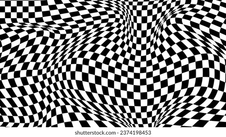 Abstract optical illusion wave. Black and white squares with distortion effect. Vector geometric stripes pattern.