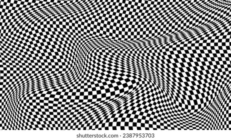 Abstract optical illusion wave. Black and white squares with distortion effect. Vector geometric stripes pattern.