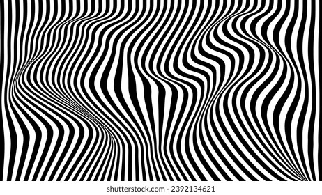 Abstract optical illusion wave. Black and white lines with distortion effect. Geometric stripes pattern.